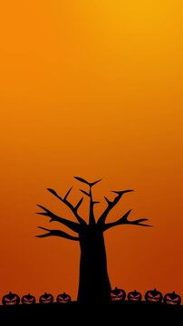animation of halloween pumpkins next to tree on colored background, halloween background, vertical video
