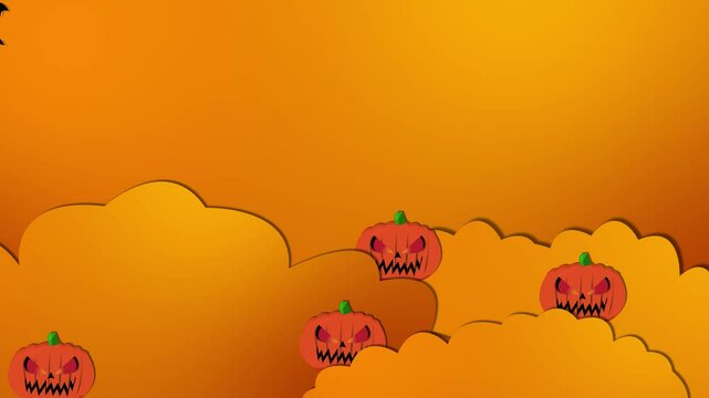 Halloween pumpkin animation on clouds while bats fly, Halloween background