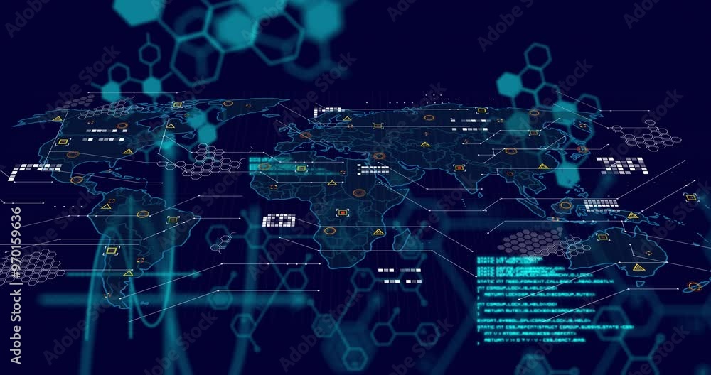 Poster animation of scientific data processing and world map over dark background