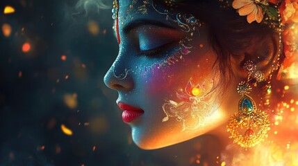 Realistic illustration for vishu with a young lord krishna holding a flute with marigold flowers.