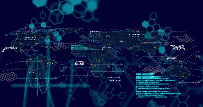 Animation of scientific data processing and world map over dark background
