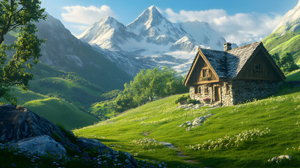 Fototapeta premium Charming stone cottage nestled in a lush valley, surrounded by towering snow-capped mountains.