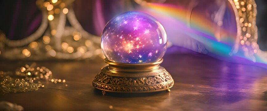 A glowing magic fortune-telling crystal ball, shimmering with swirling rainbow colors, sits on an ornate, golden stand