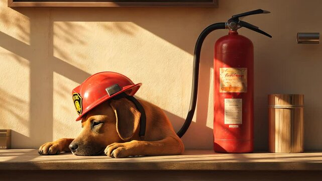 Firefighter Dog Resting with Helmet and Fire Extinguisher