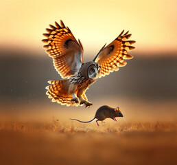 Fototapeta premium Owl flying in misty forest in the morning and hunting for a mouse.
