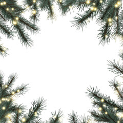 Pine Branches Adorned With Twinkling Lights on a White Background