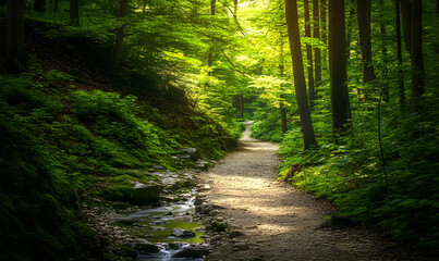 Obraz premium A tranquil woodland path meanders through a lush green forest, sunlight filtering through the canopy.