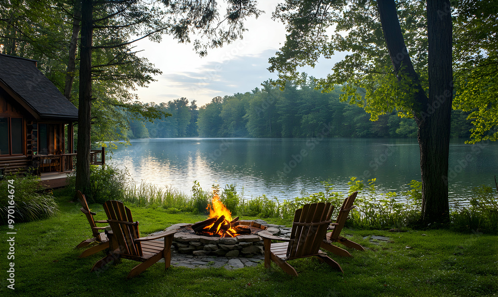 Wall mural a cozy cabin by a lake with a bonfire and chairs.