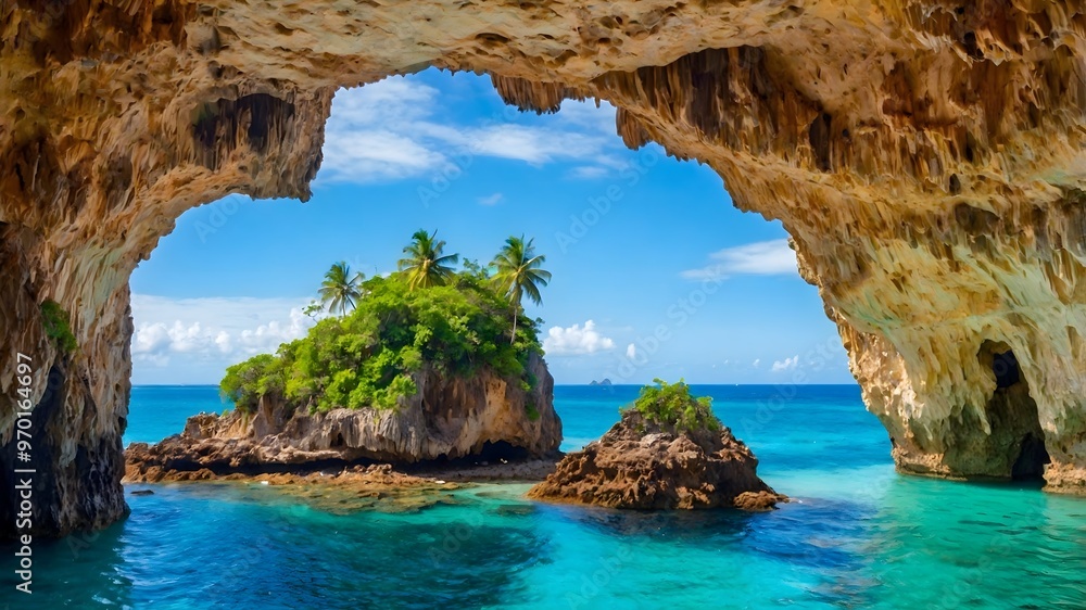 Wall mural natural stone arch framing a view of a tropical paradise.