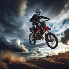 Motocross rider mid-air against a dramatic sky. Dirt flying, showcasing extreme sports and technology