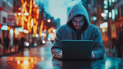 Obraz premium Unrecognizable young hacker in hoodie using laptop in blurry city. Business people. Concept of cybersecurity. Toned image double expsoure..generative ai