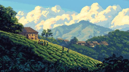 Naklejka premium Pixelated Mountainside Village with Green Tea Plantation