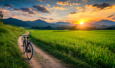 Obraz premium A bicycle sits on a dirt path with a beautiful sunset in the distance.