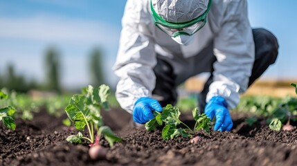 A person dressed in white protective gear, gloves, goggles, and mask is seen closely examining plants in an agricultural field, highlighting safety and care in farming.