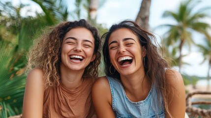 Naklejka premium Two women with joyful expressions laughing heartily in an outdoor tropical setting, reflecting the pure joy and happiness of shared moments in nature, surrounded by lush greenery.