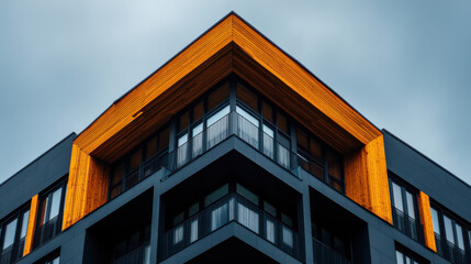 A sharp, angular view of a modern apartment building featuring dark walls and contrasting wood accents under a cloudy sky.