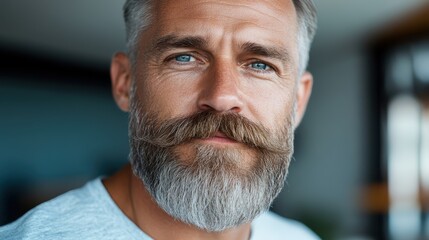 A close-up portrait of a bearded man with neatly styled gray hair, wearing a casual white t-shirt and smiling softly, against a blurred indoor background offering a warm ambiance.