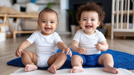 Obraz premium Two adorable babies with big smiles are sitting on a play mat, one in a white diaper and the other in blue, radiating pure joy and innocence in a cozy, indoor setting.