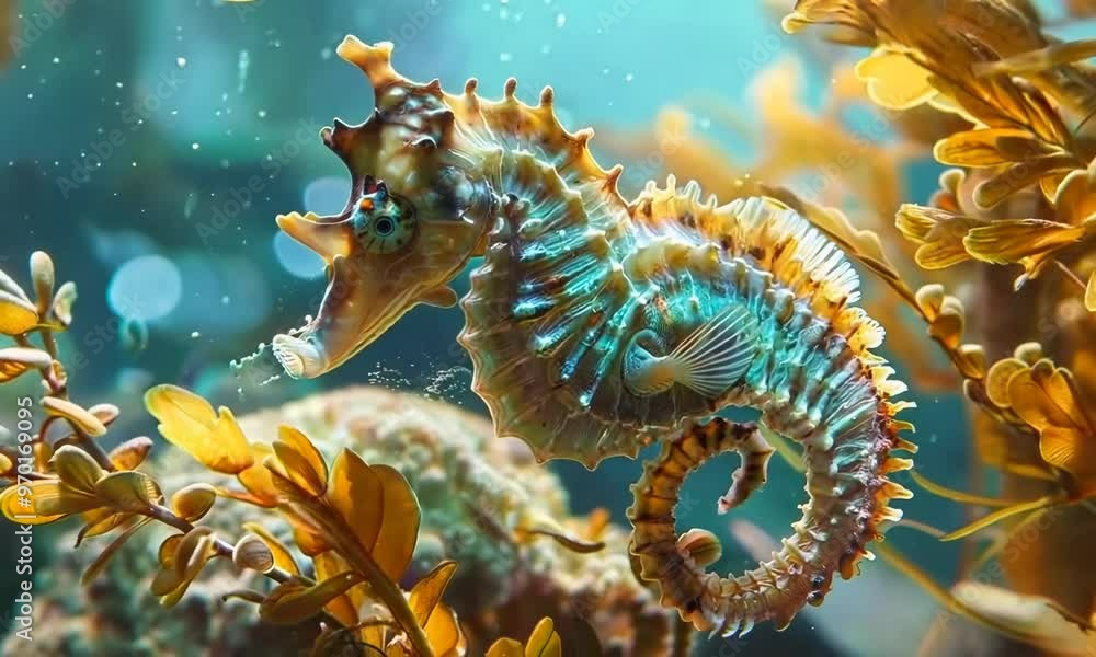 Sticker Elegant seahorse clinging to a strand of seaweed, Video