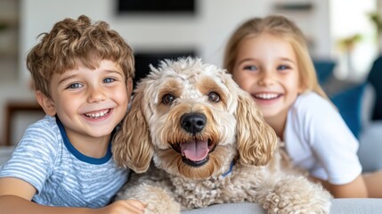 Fototapeta na wymiar A joyful image of two smiling children, a boy and a girl, alongside an adorable dog, all happy and enjoying their moment together in a cozy home environment.