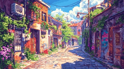 Fototapeta premium Pixel Art Cityscape with Cobblestone Street and Vibrant Buildings