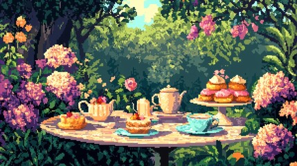 Obraz premium Pixel Art Garden Tea Party