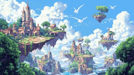 Fantasy Floating Islands Landscape with Castles and Birds