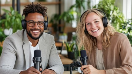Two cheerful podcasters sit in a modern studio with microphones and headphones, ready to deliver their engaging and informative content in a vibrant and green setting.