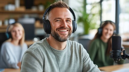 A man wearing headphones smiles warmly as he sits in a podcast studio, ready to engage his audience with insightful discussions. Two other individuals are blurred out in the background.