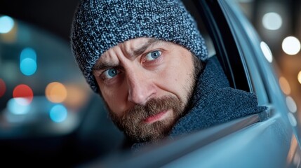 A bearded man wearing a knitted winter hat looks out of a car window with a concerned expression, illuminated by urban lights in a night setting.