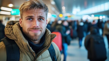 Obraz premium A young man with blond hair and beard is seen at a bustling airport terminal, dressed in a winter jacket, indicating travel, adventure, and the hustle and bustle of modern life.