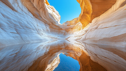 Serene Hidden Canyon with Crystal-Clear Water Flowing Between Smooth Ivory Rock Formations and Reflecting Blue Sky