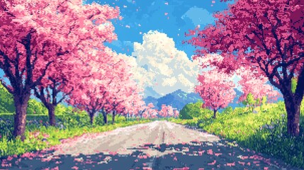 Pixelated Spring Landscape with Pink Cherry Blossoms and Road