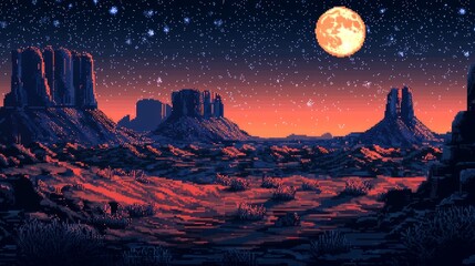 Fototapeta premium Pixelated Desert Landscape with Full Moon and Stars