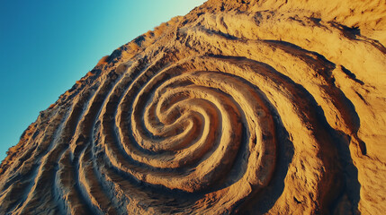 Remote Golden Sandstone Plateau with Spiral Patterns and Vibrant Blue Sky - Drone Perspective