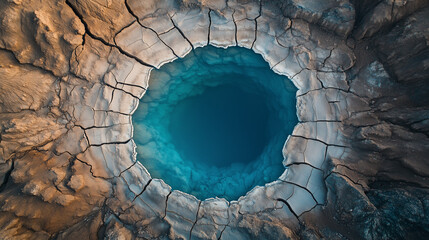 Aerial View of Hexagonal Cracked Earth with Bright Blue Mirror Lake