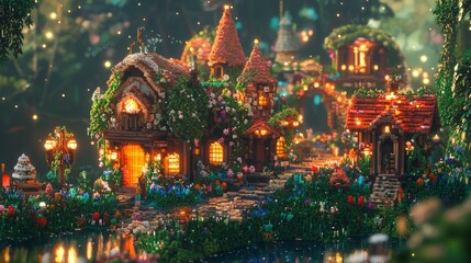Obraz premium Magical Forest Village at Night with Fairy Lights and Glow