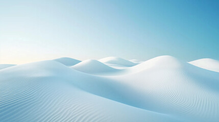 Vast untouched gypsum sand dunes with smooth lines under vivid blue sky, flawless symmetry and high contrast captured from a low wide-angle view