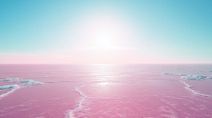 Vast Untouched Salt Flat with Soft Pink Hue and Light Blue Crystals - Wide-Angle Minimalist Perspective
