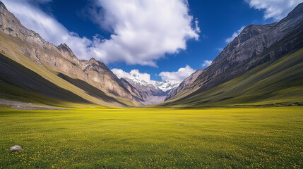 Pristine Highland Valley with Velvety Green Terrain and Smooth Golden Mountains