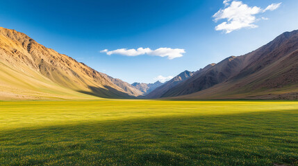 Velvety Green Highland Valley with Smooth Golden Mountains and Clear Sky