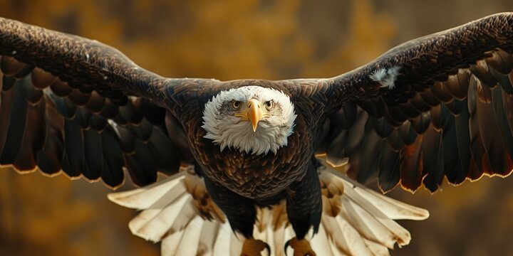 Bald eagle soaring with outstretched wings facing the camera