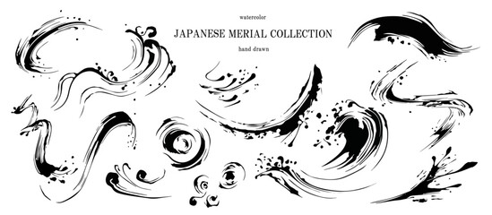 筆, 波, 和柄, 和, 筆書き, ベクター, フレーム, 背景, 年賀状, 水墨, 線画, 大波, 荒波, 流水, ビジネス, セット, イラスト