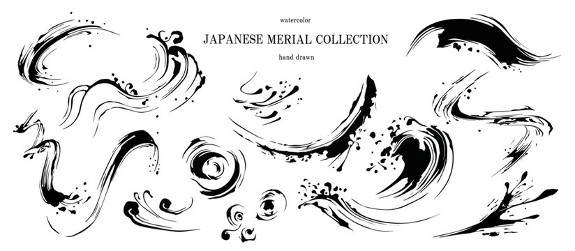 筆, 波, 和柄, 和, 筆書き, ベクター, フレーム, 背景, 年賀状, 水墨, 線画, 大波, 荒波, 流水, ビジネス, セット, イラスト