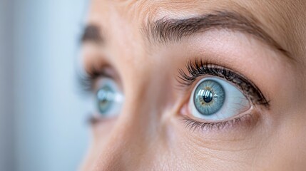 Fototapeta premium A striking close-up shot of a woman's wide-open blue eyes, clearly portraying a sense of surprise and wonder, showcasing the purity and vibrancy of her vision and emotions.