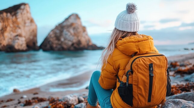 A woman in a yellow jacket and winter hat sits on a rocky shore, gazing at the sea with large rocks in the background, embodying tranquility and introspection.