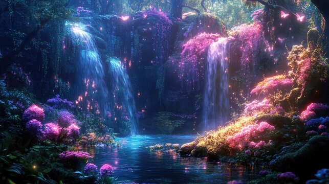 Colorful fairy land scene with glowing trees, magical waterfalls, and enchanted flowers, set in a realistic, dreamlike background