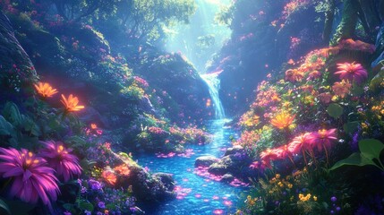 Enchanted fairy land with vibrant flowers and glowing rivers, set in a lush, realistic background of magical hills and valleys