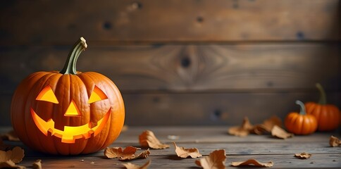 Wooden backgrounds with pumpkin, halloween concept, lots of empty space, halloween advertising banner