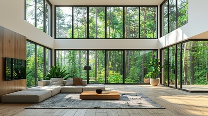 Modern Home With Large Windows Overlooking Lush Forest